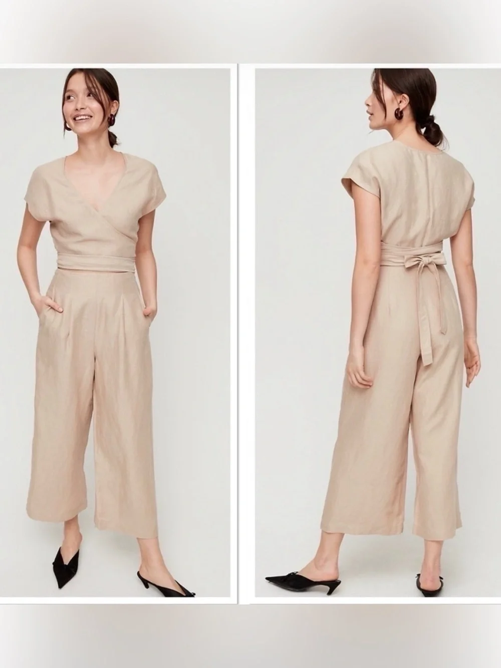 Wilfred by Aritzia Linen Wrap Jumpsuit Tie Waist Wide Leg 10 Beige Minimalist